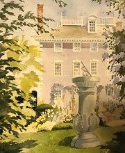 "Lilac House" by Dan Britt - watercolor of a house garden with a sun dial