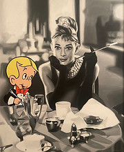 "Breakfast at Tiffany's With Richie Rich" by Clifford Land depicting Audrey Hepburn and Richie Rich enjoying Breakfast at Tiffany's