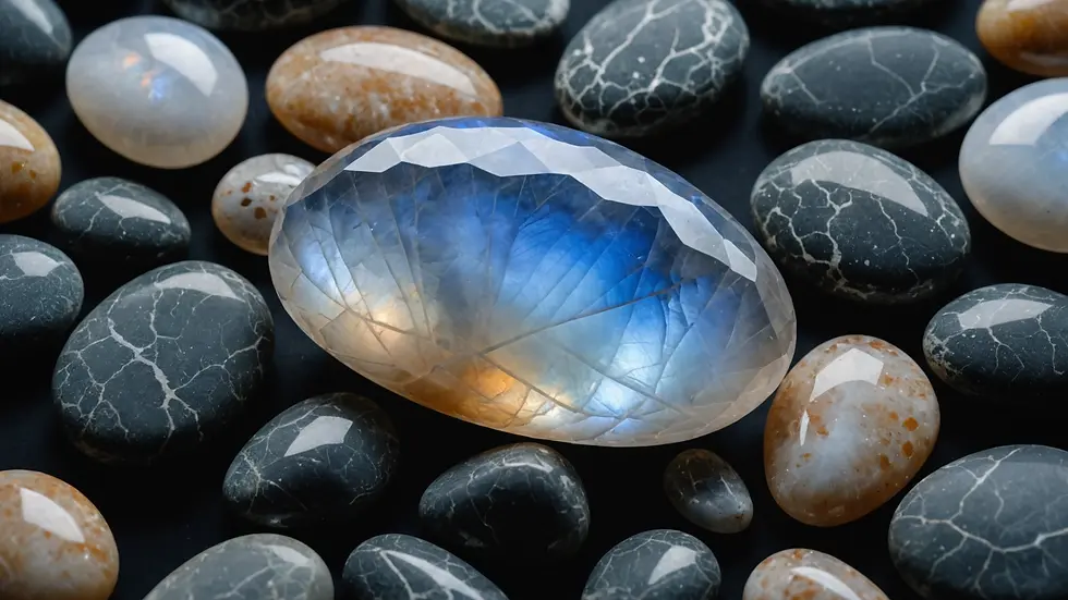 Close-up view of a beautiful moonstone crystal on a dark stone surface