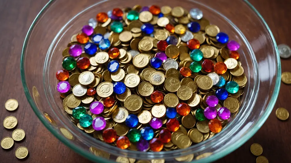 High angle view of colorful coins and crystals placed inside a money bowl