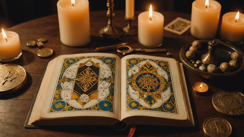 High angle view of an open book with Tarot cards and a candle