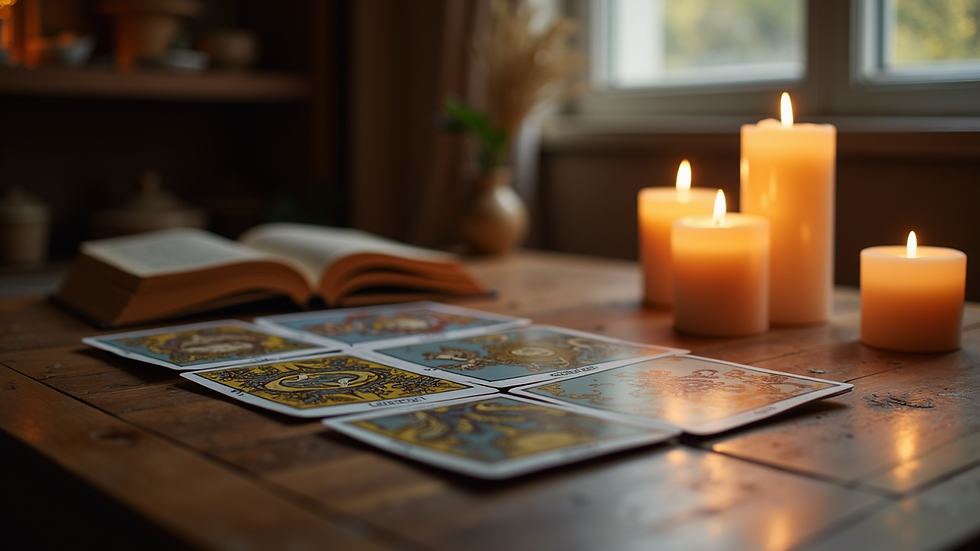 Eye-level view of a serene room with candles and tarot cards displayed