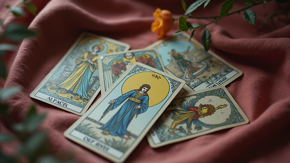 High angle view of a tarot deck laid out on a soft, mystical cloth