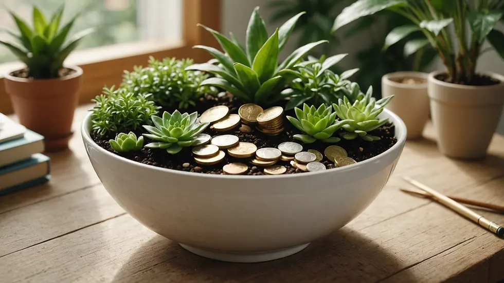 Close-up view of a money bowl surrounded by plants in a peaceful setting
