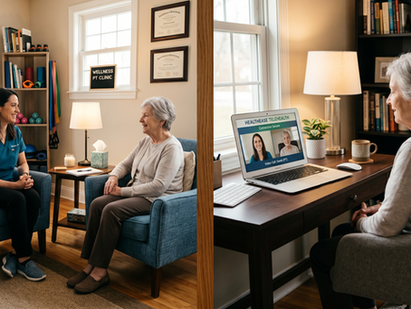 Comparison of a comfortable in-person therapy office and a cozy online therapy home setup with Synapse Mental Wellbeing