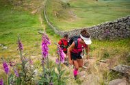 Pink flowers and front view close up of entrants of The Wall Ultramarathon