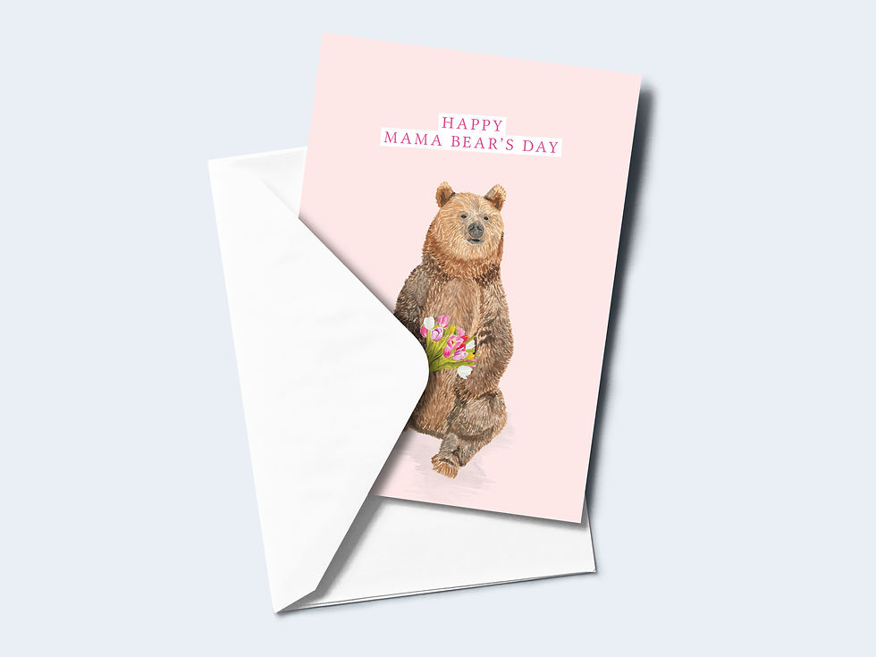Mother's Day card showing a watercolour brown bear on a pink background with white envelope