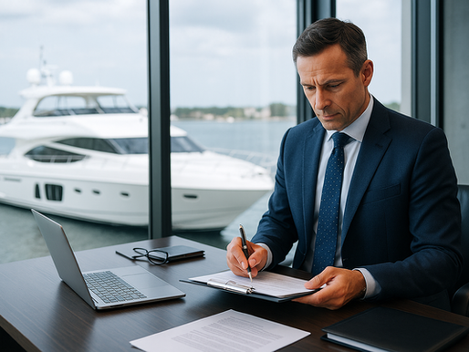 Yacht broker signing documents in a modern office overlooking a luxury yacht
