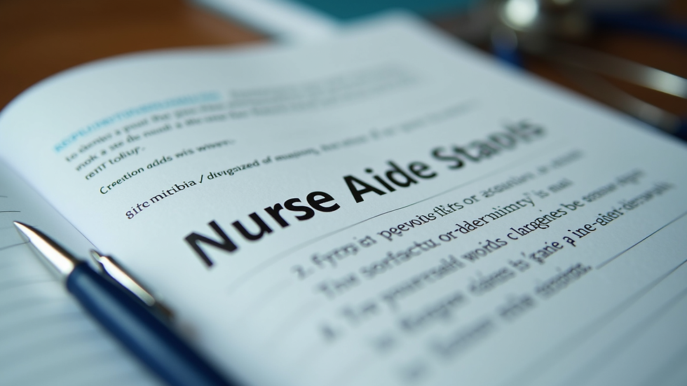 Close-up view of a nurse aide textbook with study notes