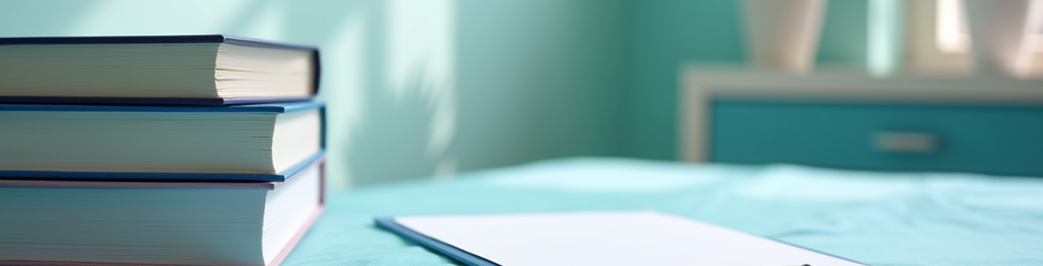 Stack of three books next to a blue clipboard on a desk.