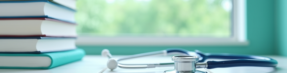 Stethoscope next to a stack of medical textbooks.