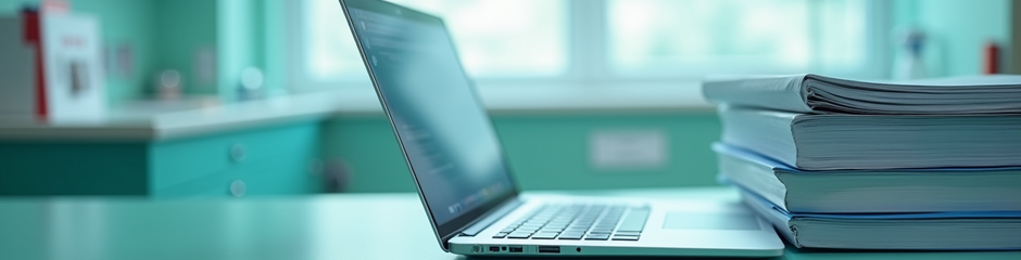 Open laptop next to a stack of papers on a desk.