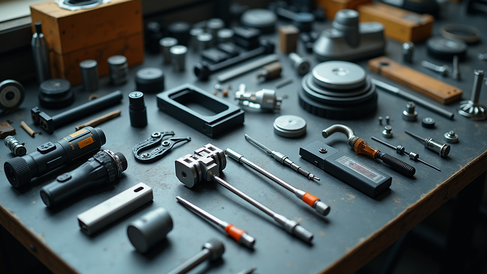 High angle view of robotics tools and parts laid out on a workbench