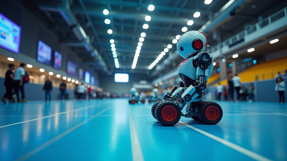Eye-level view of a robotics competition arena with robots and teams