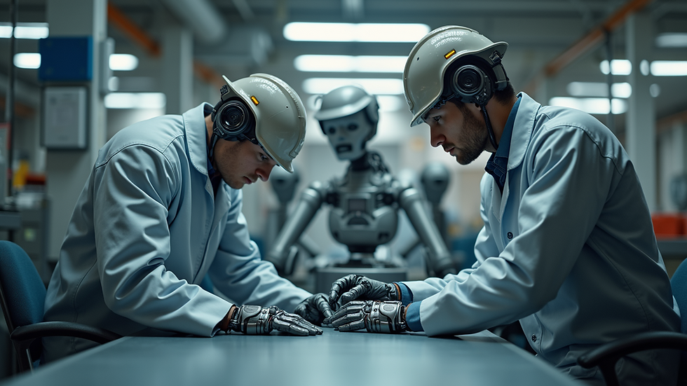 Eye-level view of a robotics team working on a robot in a workshop