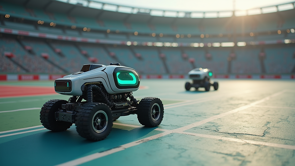 High angle view of a robot navigating a competition field