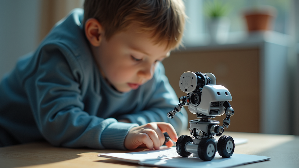 Close-up view of a child programming a small robot