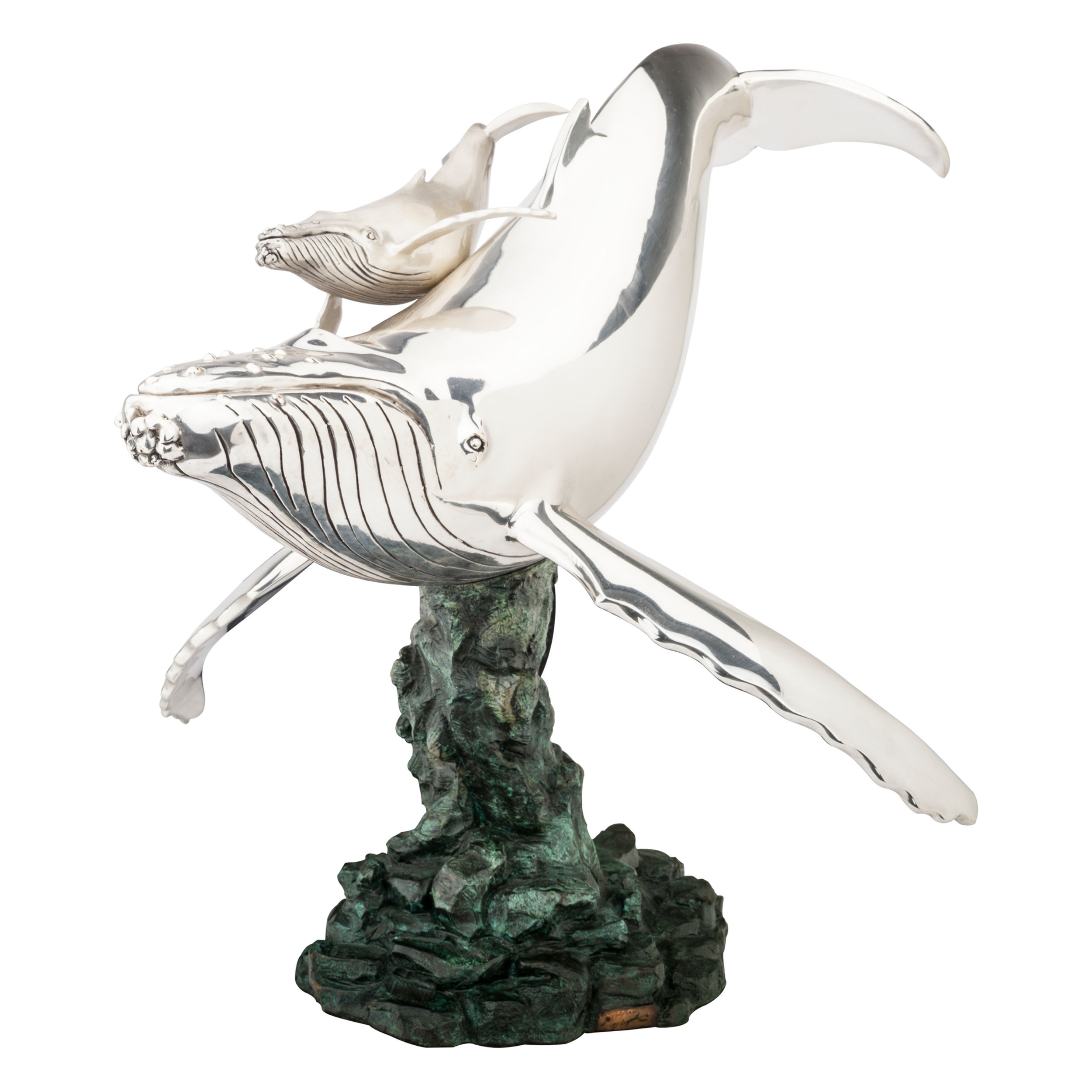 Silver Sculpture of Humpback Whale and Calf