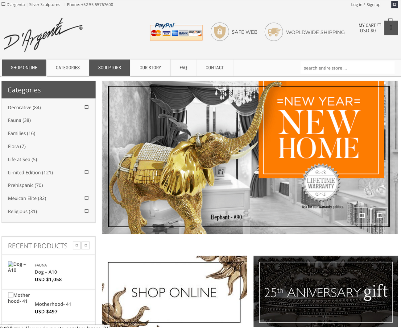 El cuarto sitio de D'Argenta: una tienda en línea con menú de categorías y un banner de Año Nuevo 'New Home'