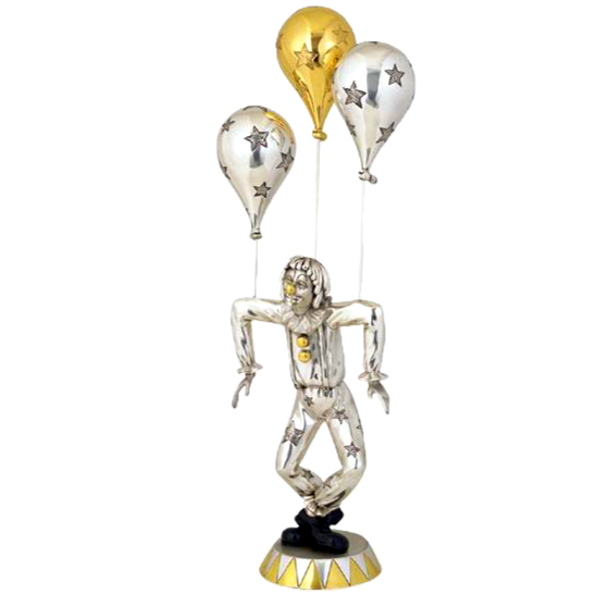 Silver Clown Sculpture with Golden Balloon