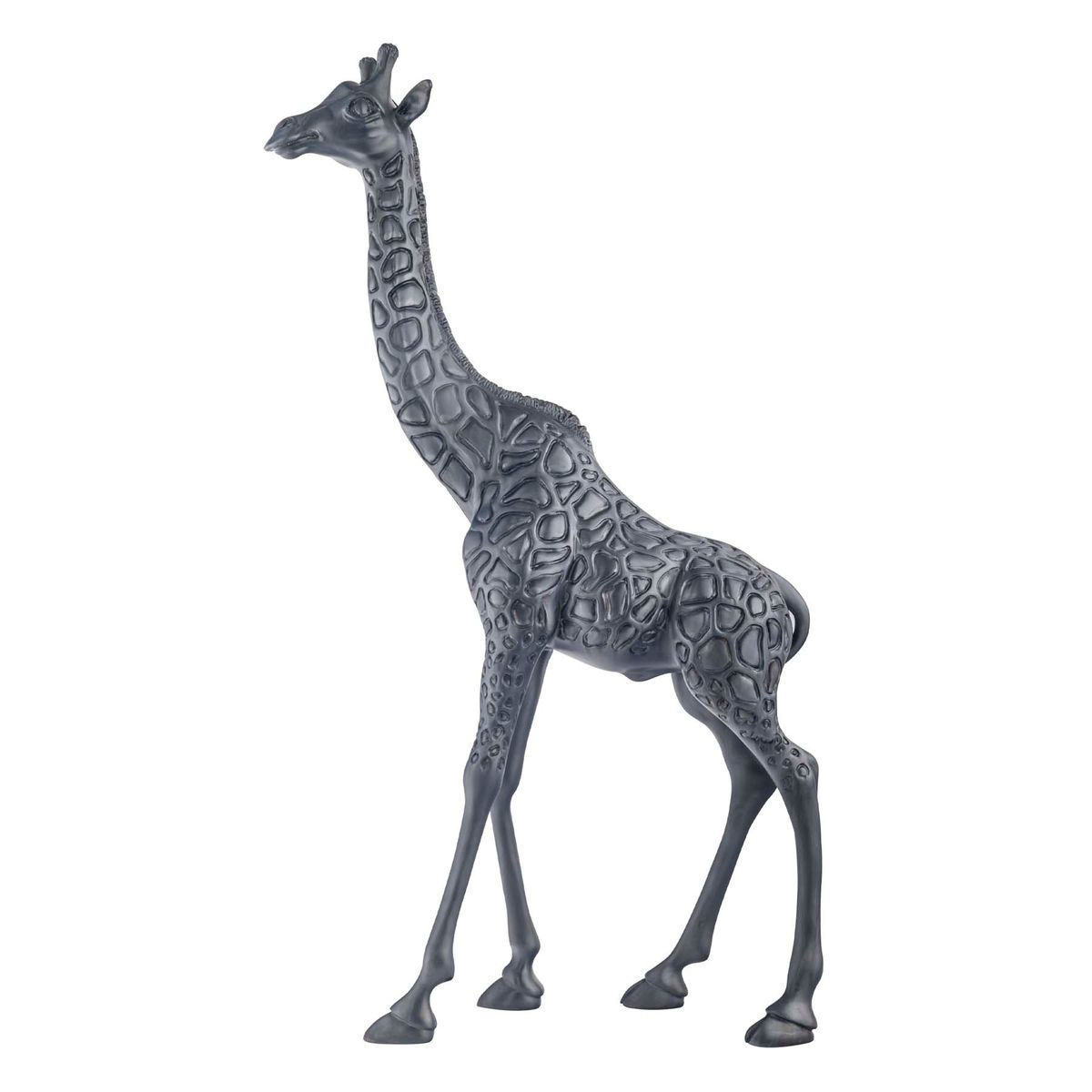 Statue de girafe en cuivre noir élégante, mettant en valeur des détails complexes et un design épuré.