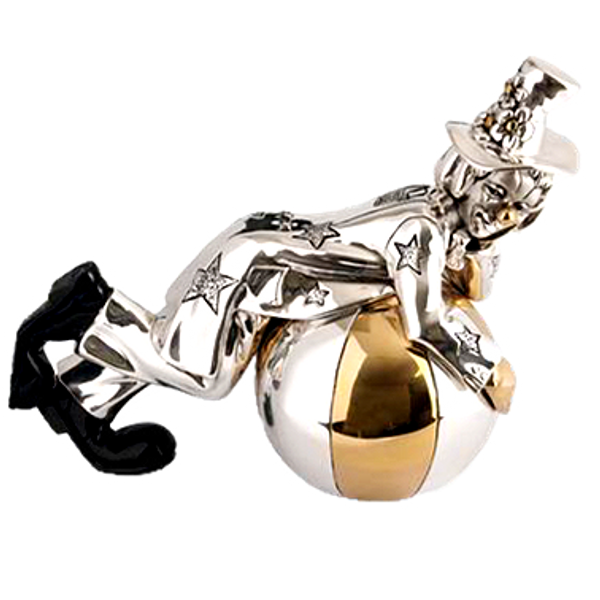 Escultura de Payaso de Plata Sobre Bola