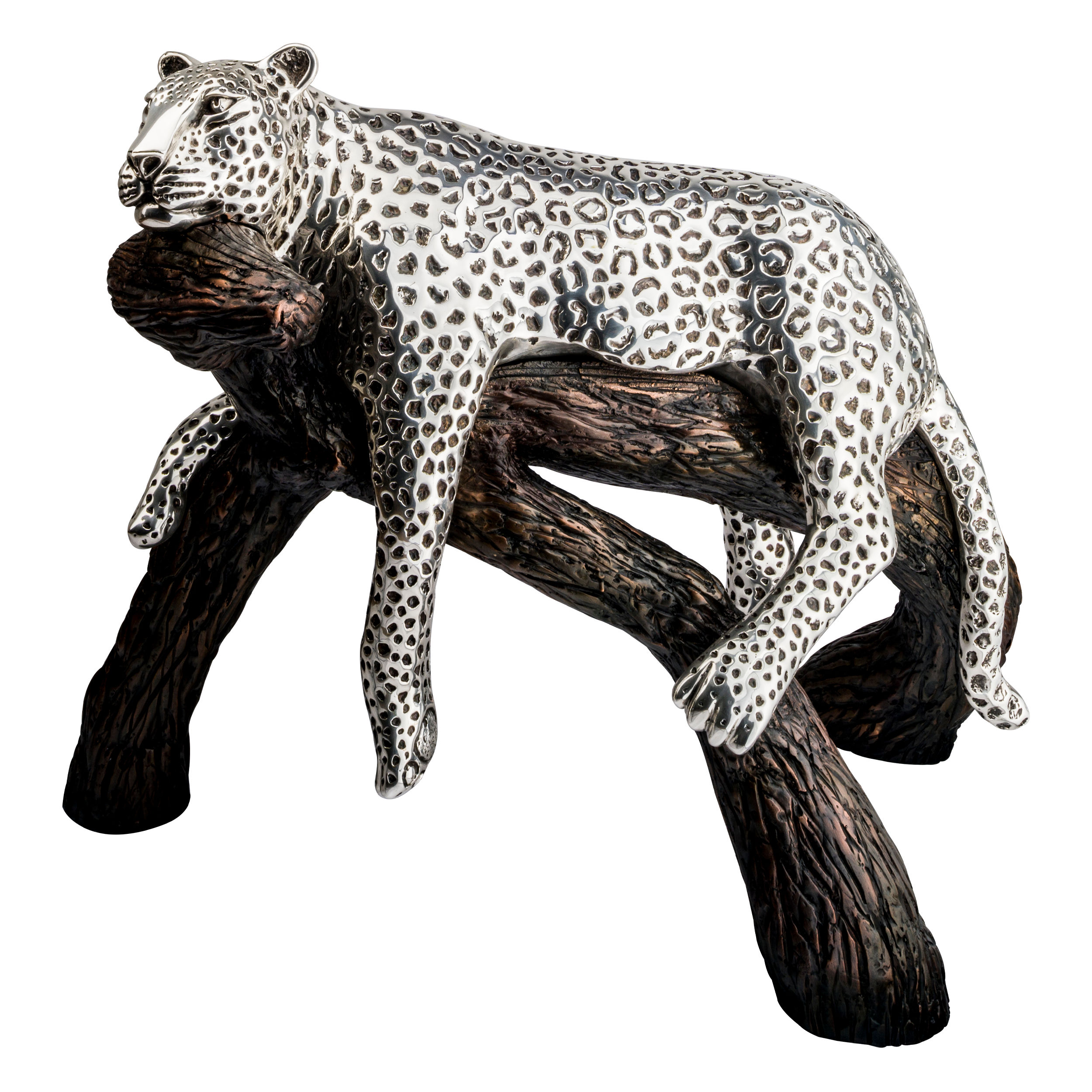 Tranquil Silver Leopard Sculpture on Branch