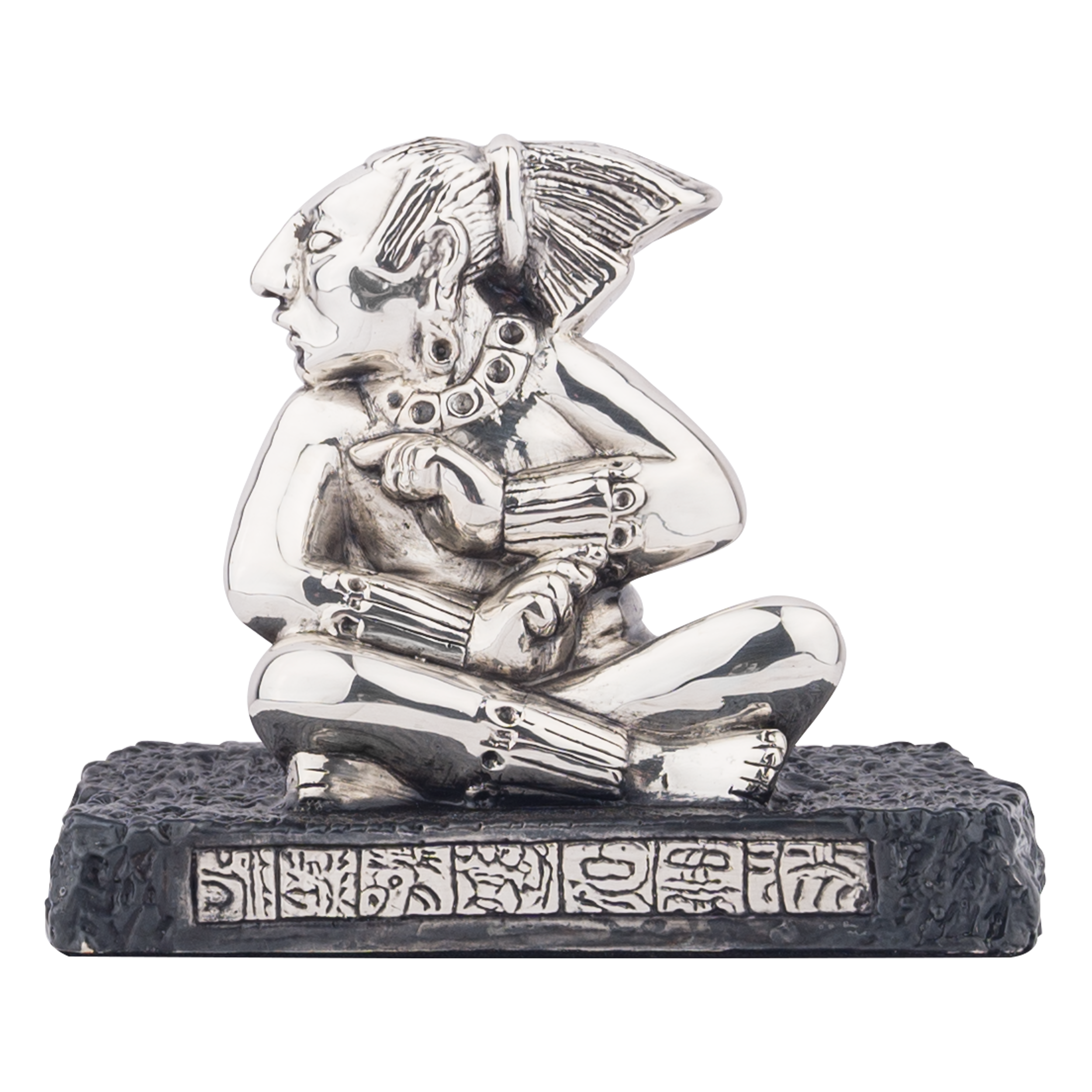 Silver Seated Mayan Man Statue