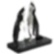 Two penguins, sculpted in black and white, stand on a base