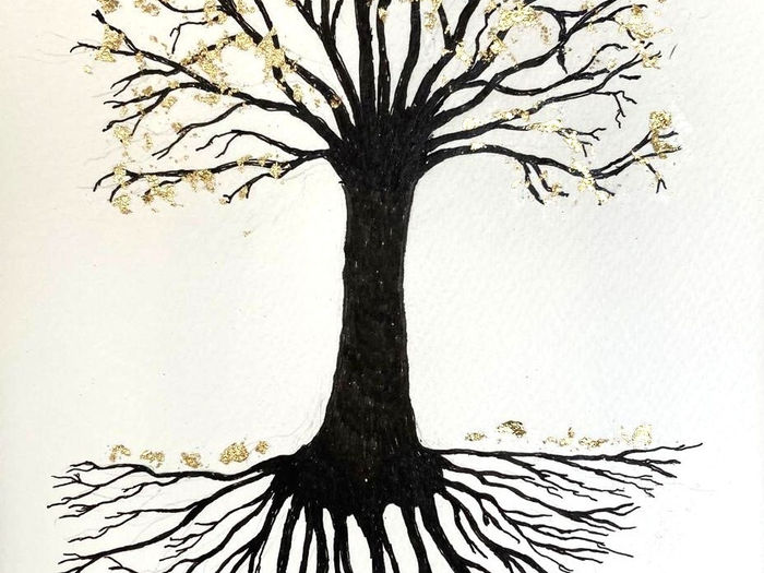 Pen and ink tree of life with gilt leaf leaves