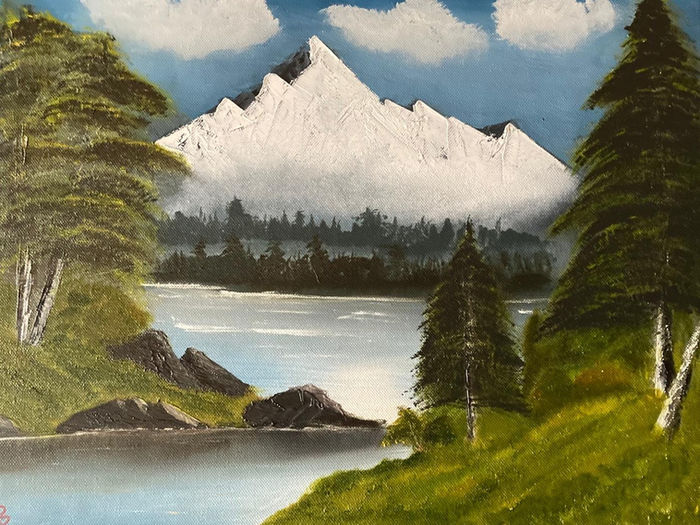 Oil painting of mountains and lake