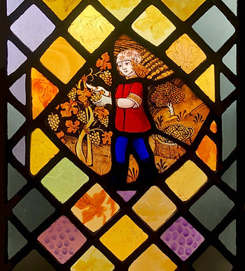 The grape-picker. Detail from Window 15: The Eucharistic Wine in the church of Saints Leonard and Fergus, Dundee, Scotland. Designed and made by AJ Naylor.