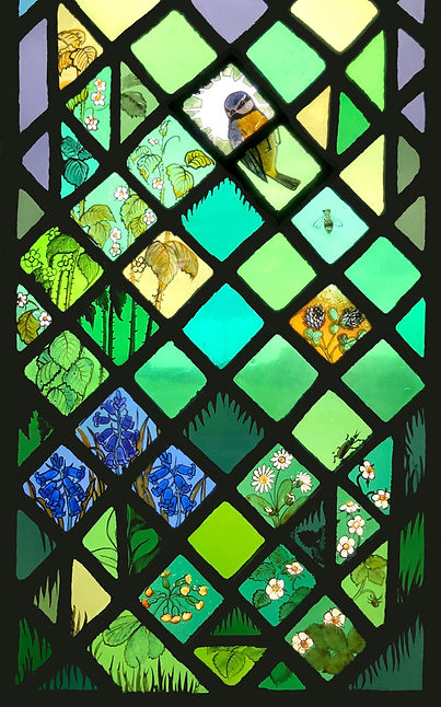 A proliferation of flora and fauna in the lower part of this window. Detail from Window 8: The Woman at the Well at the church of Saints Leonard and Fergus, Dundee, Scotland. Designed and made by AJ Naylor.