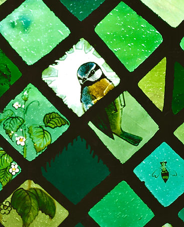 Blue tit detail in stained glass window at Ss Leonard and Fergus, Dundee, Scotland