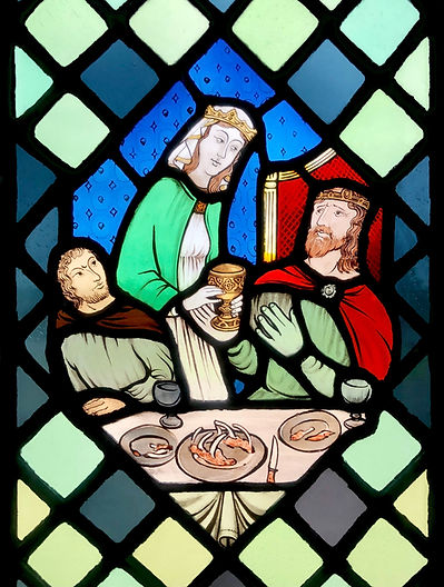 Saint Margaret offering the Grace Cup to King Malcolm. Detail from Window 10: Saint Margaret of Scotland in the church of Saints Leonard and Fergus, Dundee, Scotland. Designed and made by AJ Naylor.