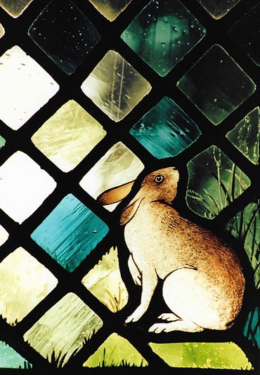 Mountain hare, representing the creation of the animals on the sixth day of Creation. Detail from Window 13: Saints Peter and Andrew in the church of Saints Leonard and Fergus, Dundee, Scotland. Designed and made by AJ Naylor.