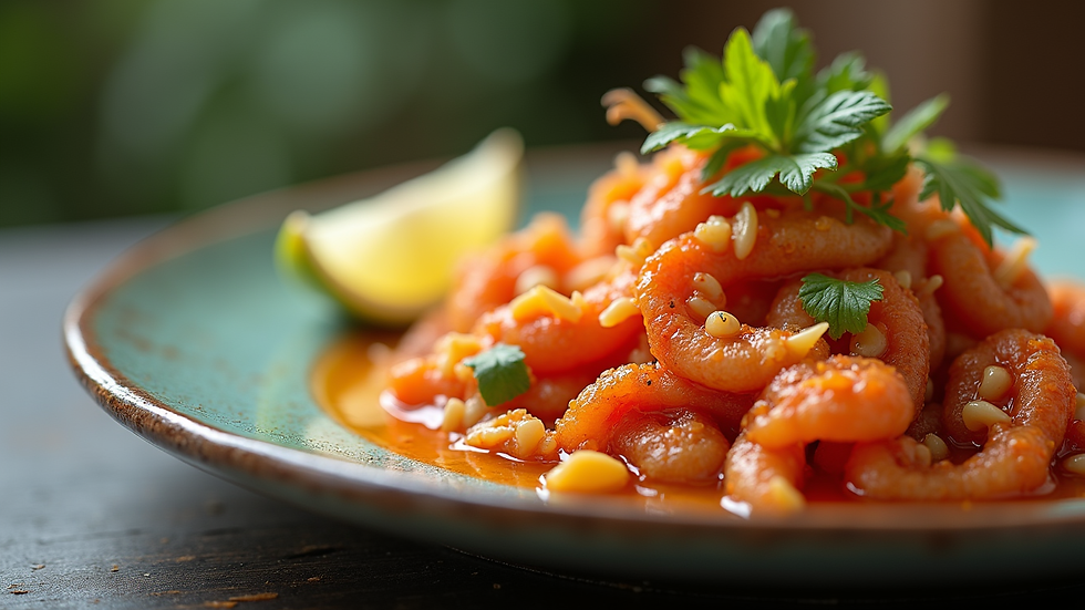 Close-up view of a tropical seafood dish with vibrant colors