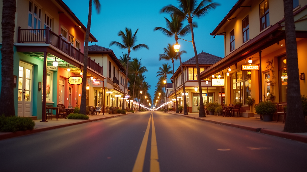 Eye-level view of a lively street in Lahaina with colorful lights and shops