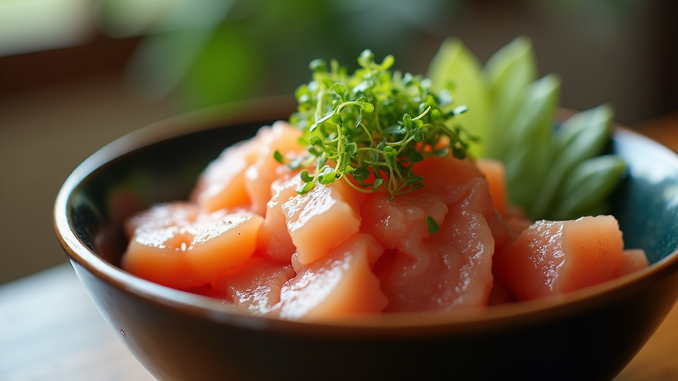 Eye-level view of a traditional Hawaiian poke bowl with fresh fish and seaweed