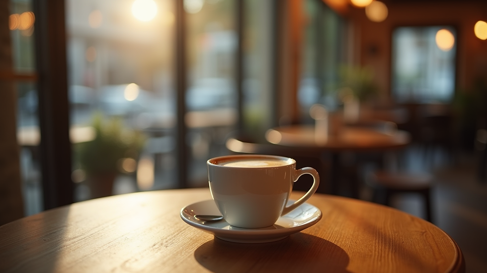 Eye-level view of a Java Jazz mug filled with coffee on a cafe table