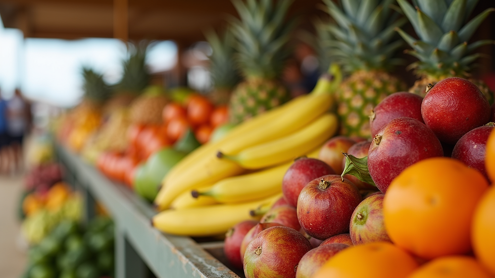 Close-up view of colorful tropical fruits at a Maui farmers market