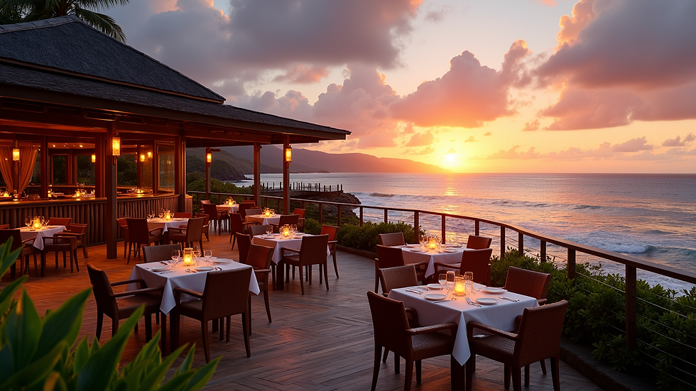 Wide angle view of an oceanfront restaurant terrace at sunset in Maui