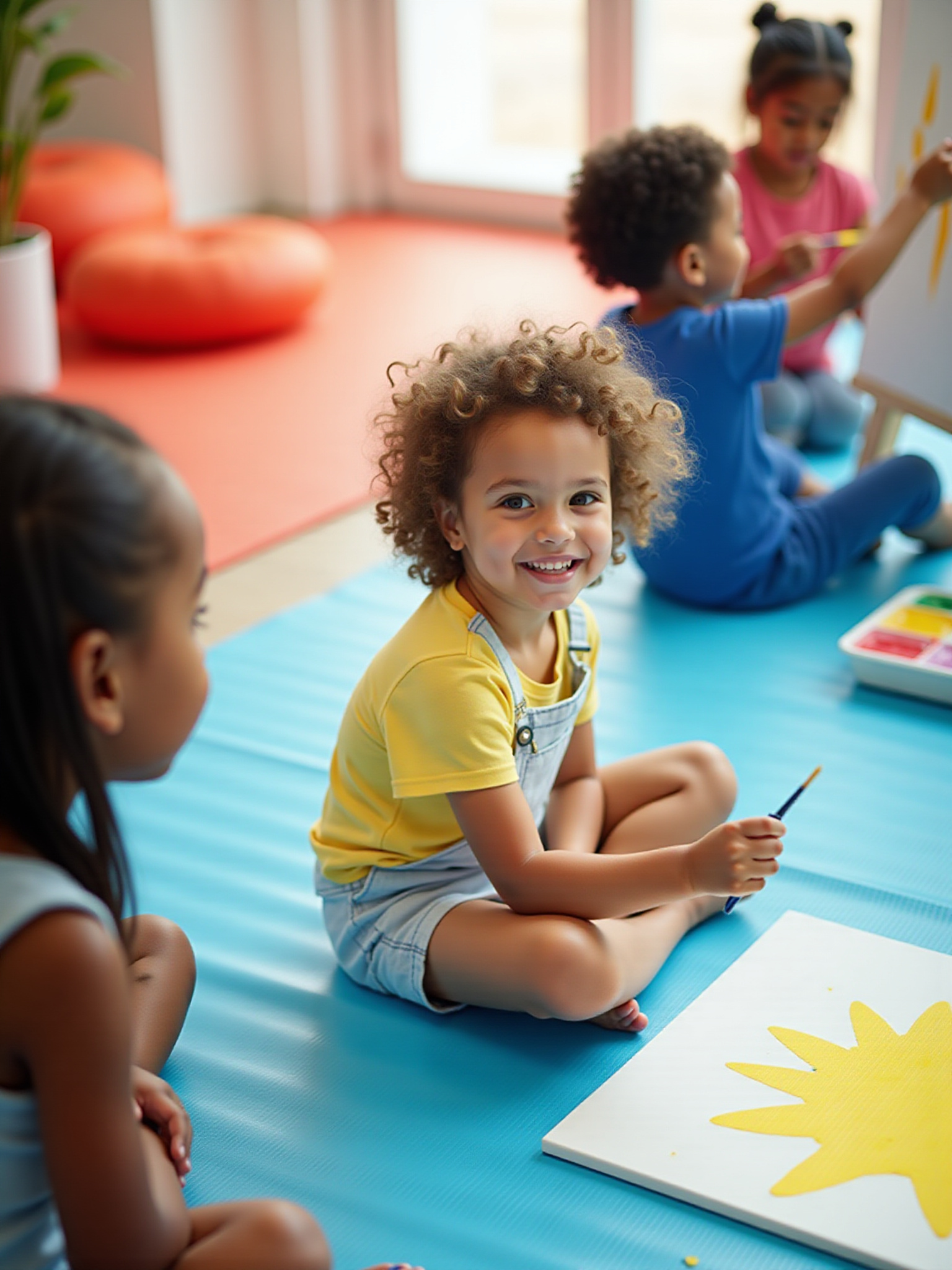 Smiling child in a yellow shirt holding a paintbrush, art class in session.