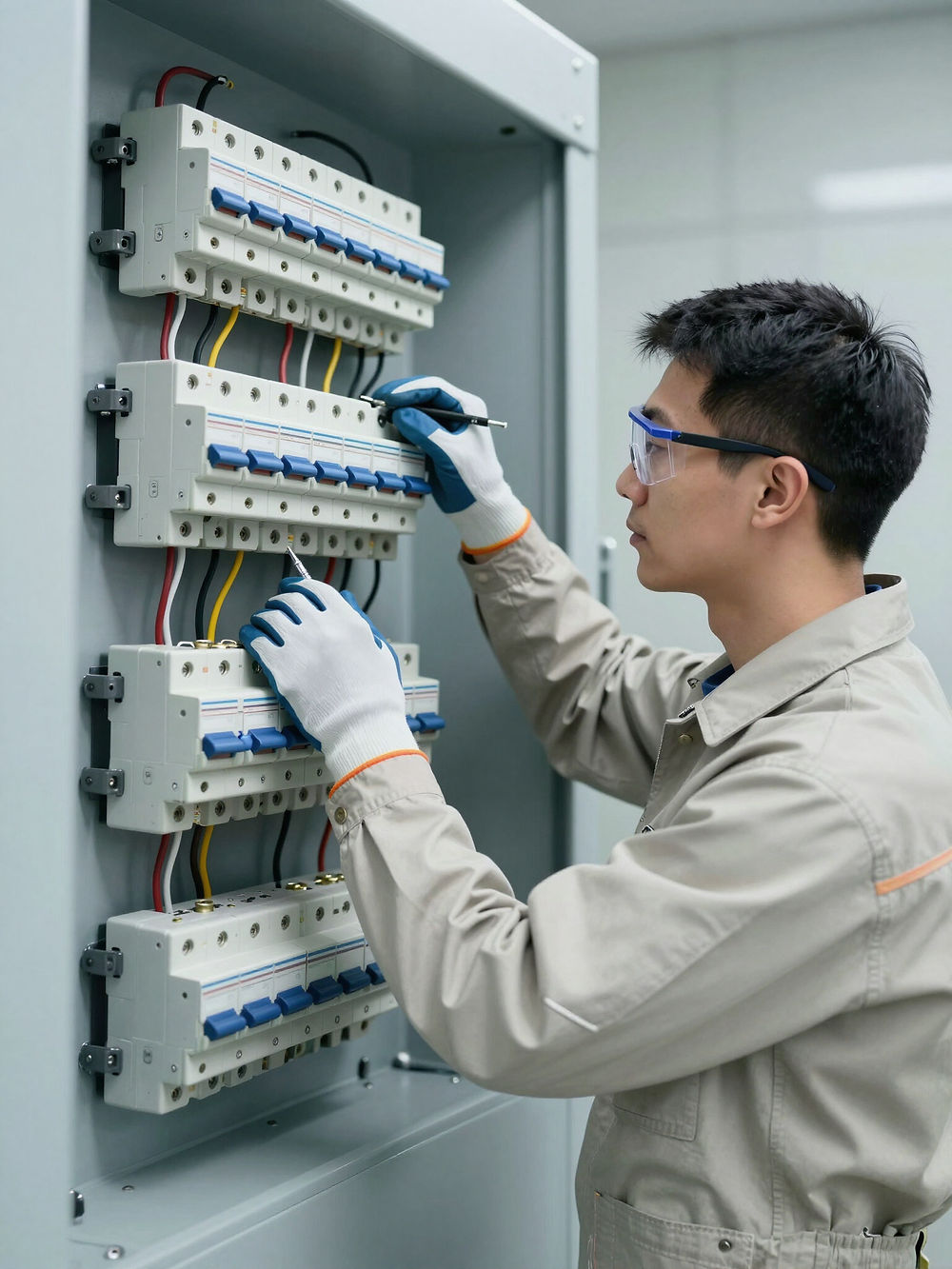 Electrician checking wires in a circuit breaker panel