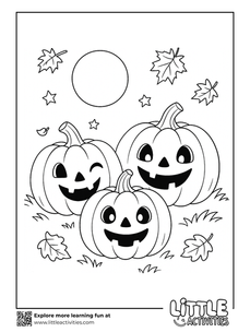 Three smiling pumpkins under a full moon surrounded by stars and autumn leaves.