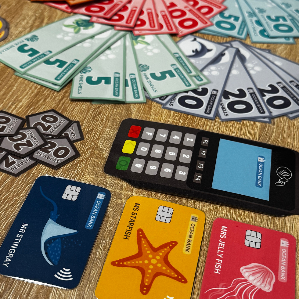 Thumbnail: Complete Ocean Play Money set with laminated notes, coins, and a card reader, ready for endless imaginative adventures.
