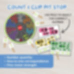 Colorful printable pit stop wheel and car clip cards with pegs to select correct numbers, teaching quantity, counting, and one-to-one correspondence.