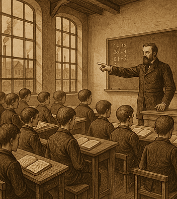 Illustration of 19th-century classroom with boys sitting in rows and a teacher lecturing — symbolising outdated factory-style education.