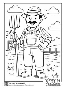 Male farmer colouring page - farmer holding pitchfork on farm