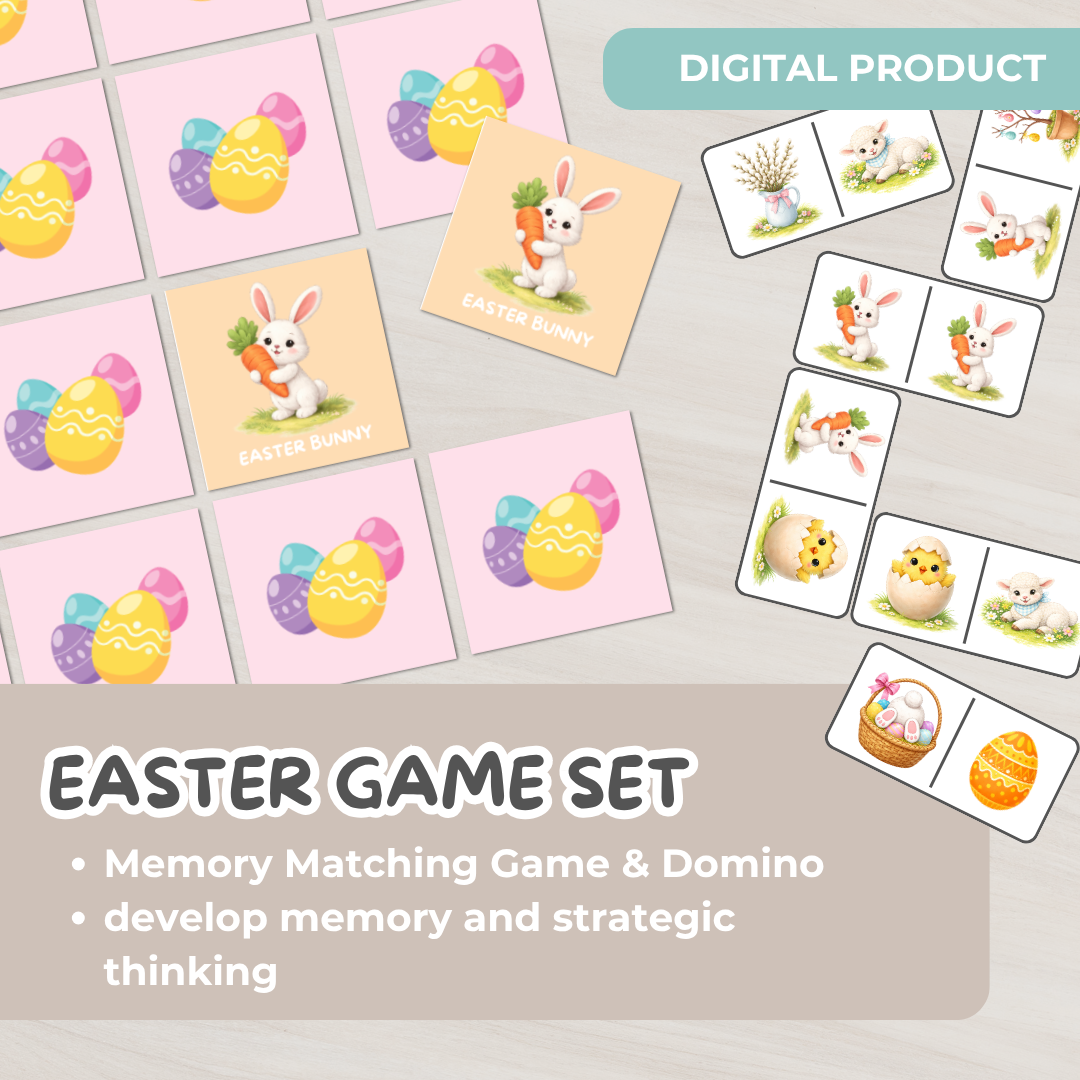 Easter printable matching game and domino set for toddlers, featuring bunny and egg cards for memory and learning